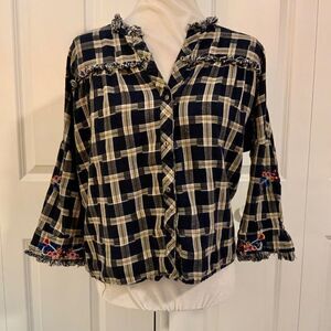 Sweewe Paris Blue Plaid Embroidered Sleeve Fringe Cropped Sleeve Cotton Top Sm